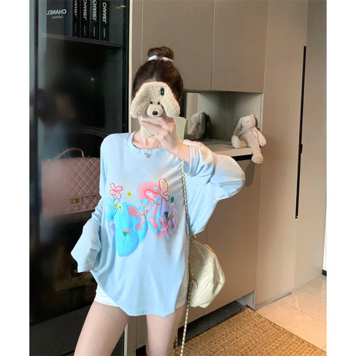 小吉家大码女装夏季胖mm蓝色长袖t恤上衣微透薄款防晒罩衫空调衫