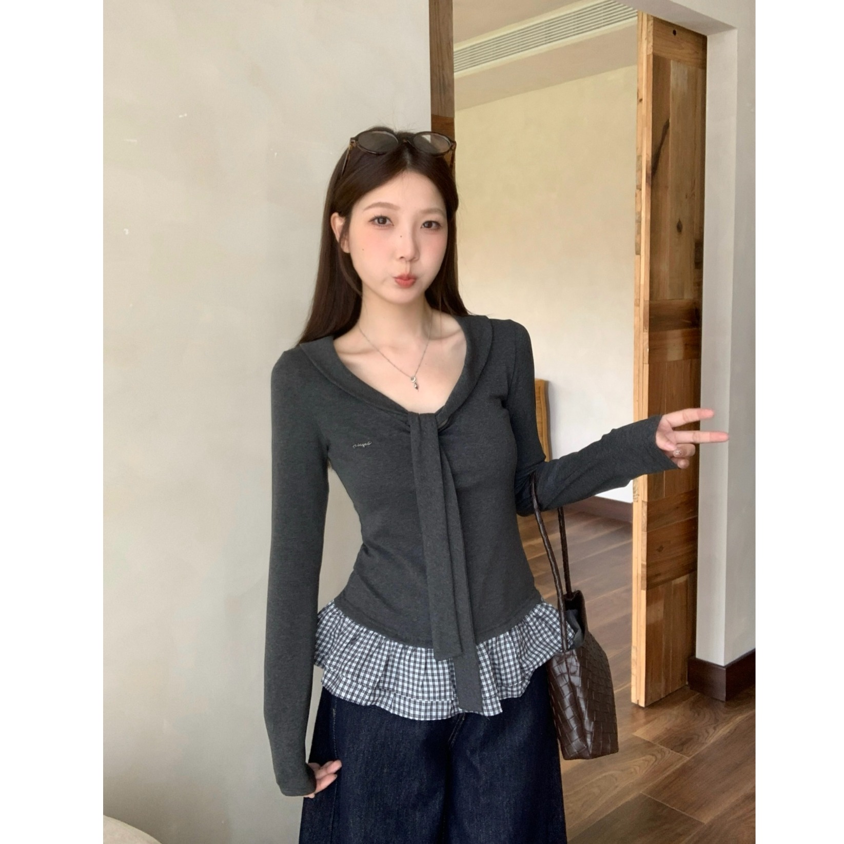 小吉家大码女装秋季设计感假两件披肩系带长袖T恤拼接格子上衣女