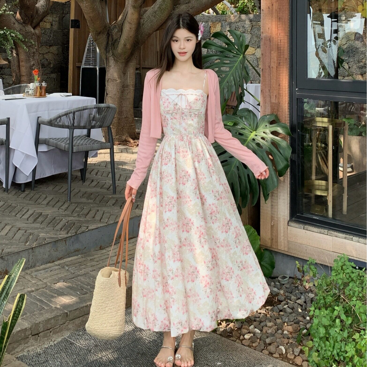 小吉家大码女装春夏胖mm花边拼接遮肉显瘦高腰吊带裙长袖开衫套装