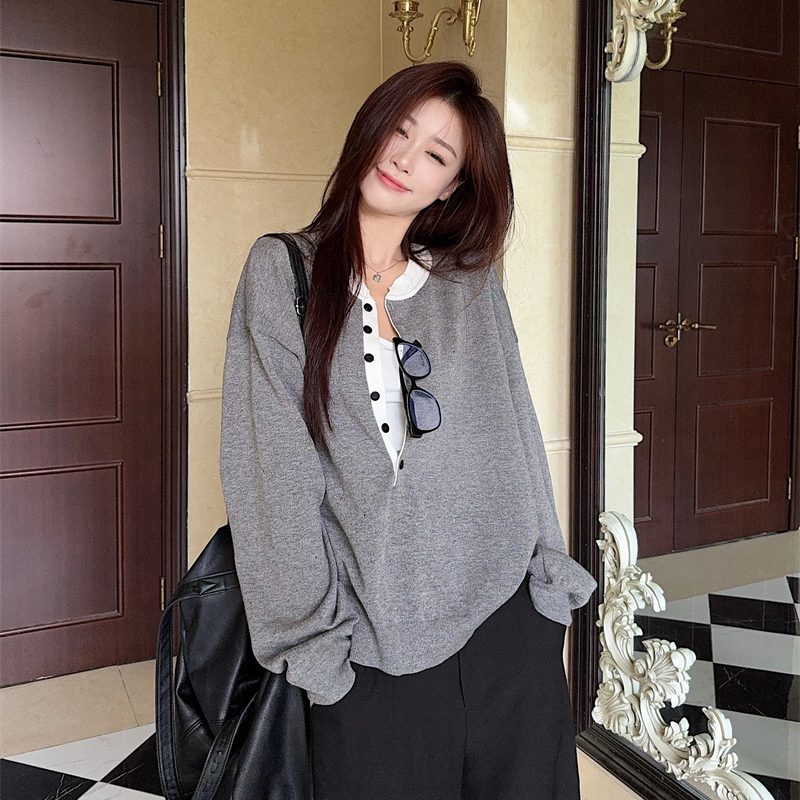 小吉家大码女装秋冬胖mm长袖针织衫灰色单排扣休闲风宽松百搭上衣