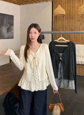 小吉家大码女装春装新款胖mm甜美蕾丝拼接波点长袖假两件显瘦上衣