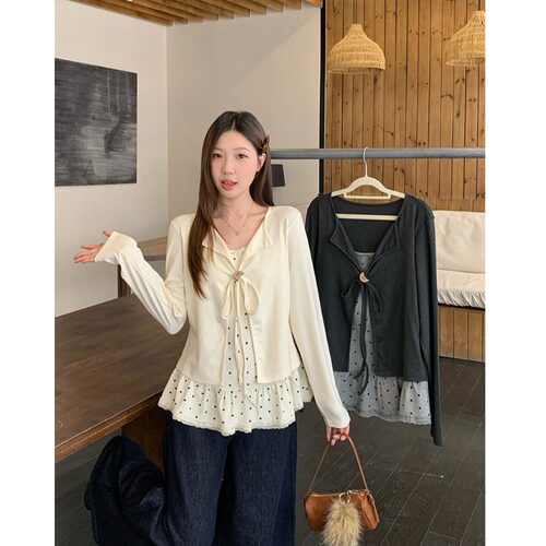 小吉家大码女装春装新款胖mm甜美蕾丝拼接波点长袖假两件显瘦上衣