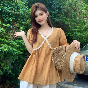 法式 夏季 蕾丝V领泡泡袖 衬衫 衬衣 小吉家大码 小众显廋遮肉短袖 女装