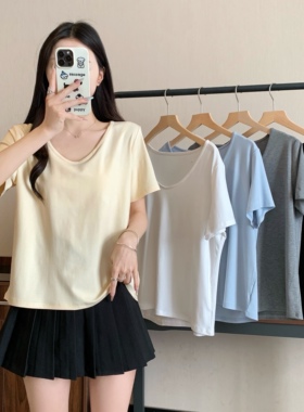 小吉家大码女装2025夏季新款基础百搭纯色短袖T恤宽松V领内搭上衣
