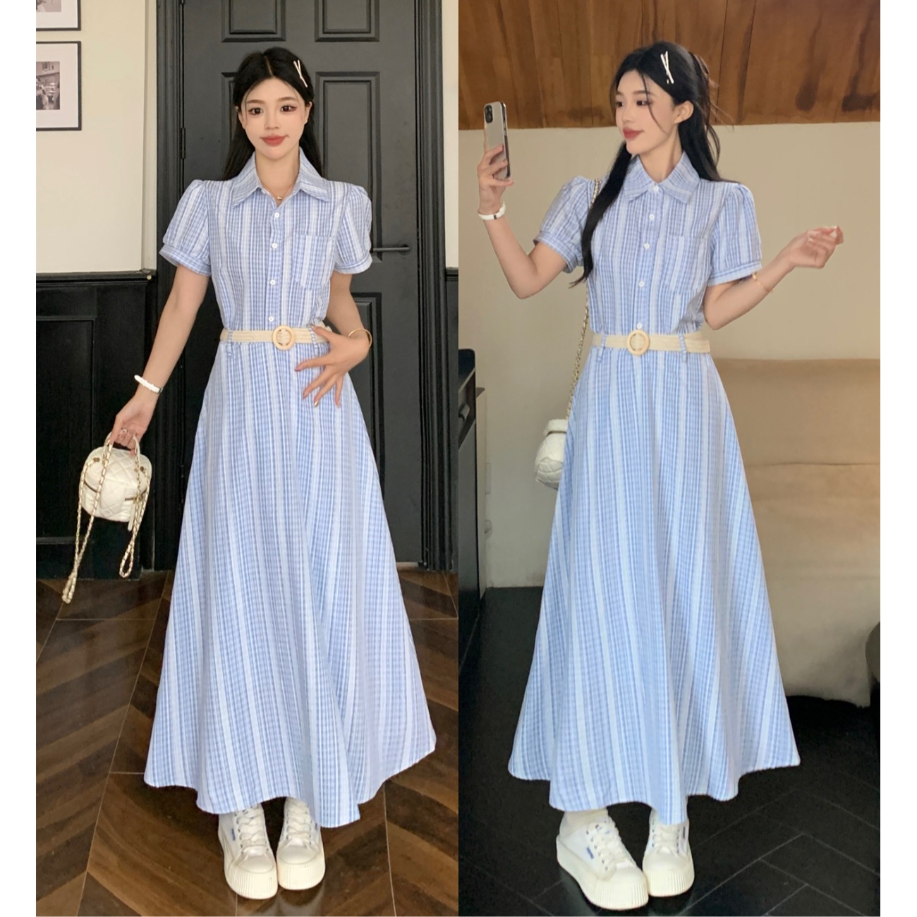 小吉家大码女装学院风甜酷提花条纹衬衫连衣裙高腰显瘦遮肉A字裙