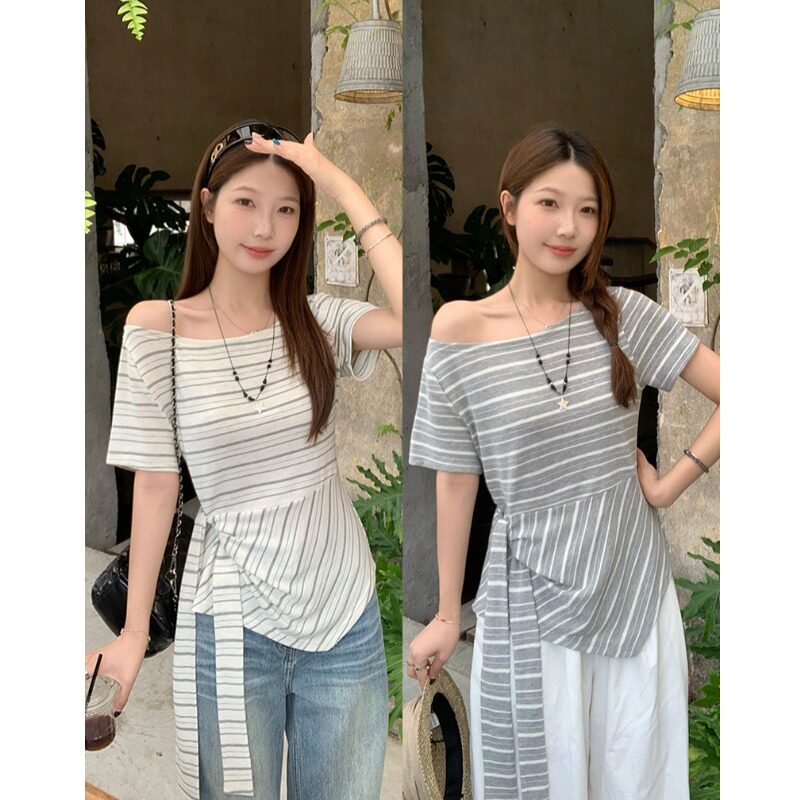 小吉家大码女装夏季新款胖mm高级感条纹露肩飘带不规则短袖上衣女