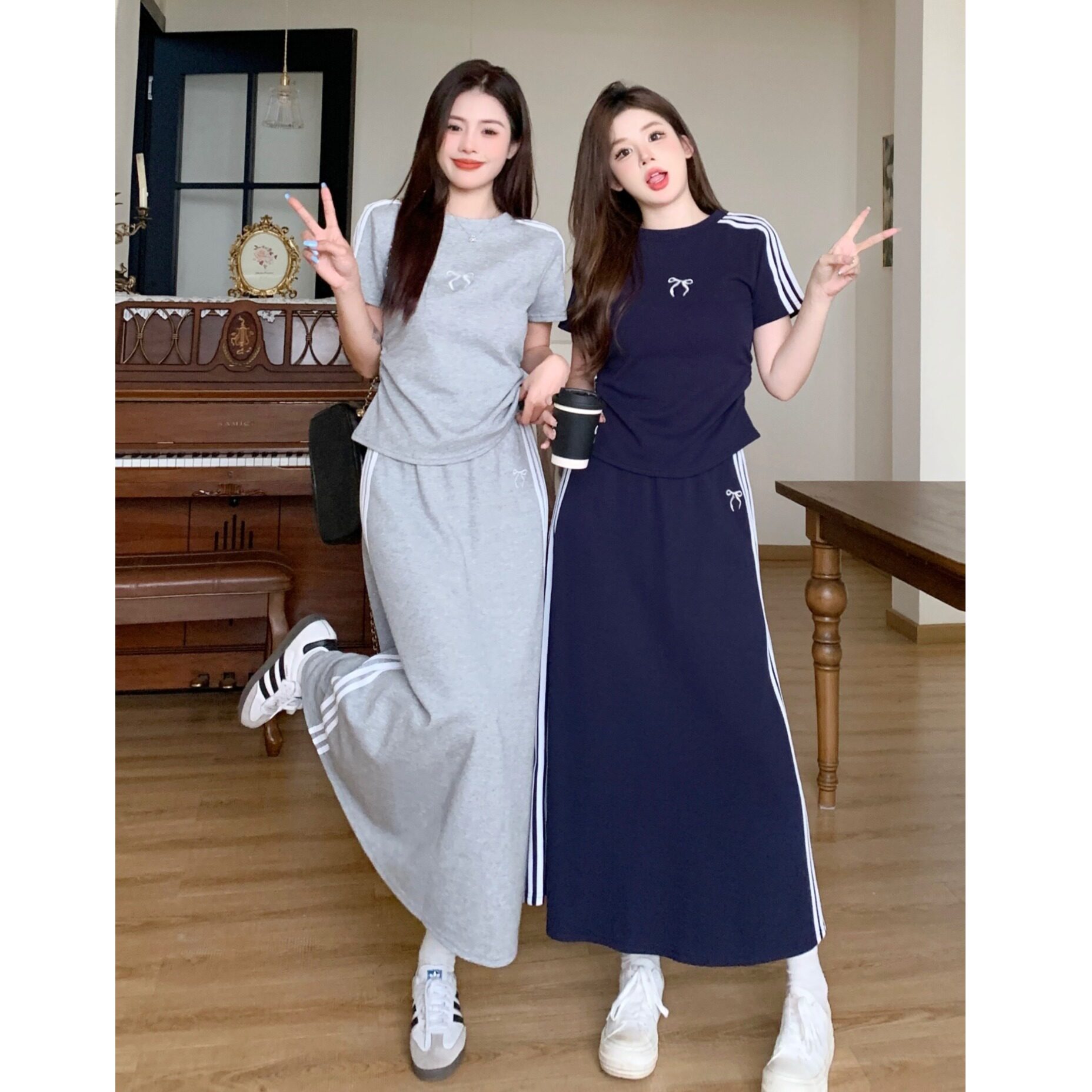 小吉家大码女装慵懒休闲套装时尚三条杠短袖T恤高腰半身裙两件套