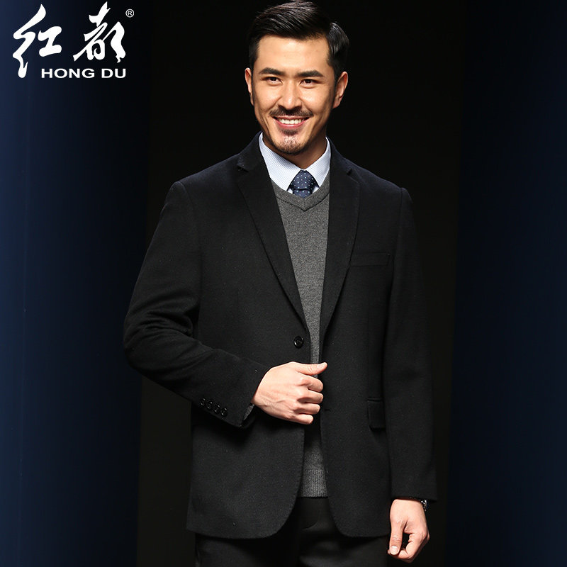 红都秋冬新款羊毛呢西服男中年呢子西装休闲中年单西外套