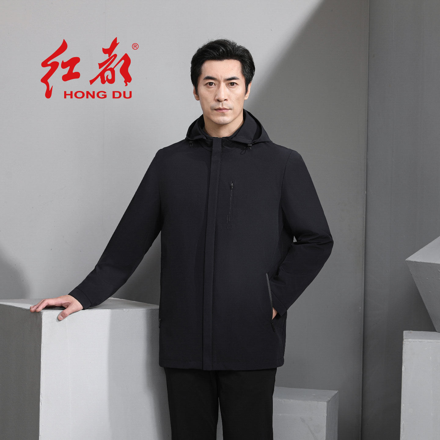 红都连帽男士风衣中年拉链男款外套中长款长袖2026年秋季商务外套
