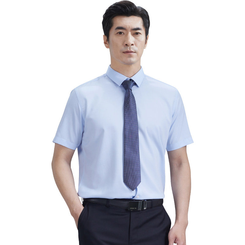 男装短袖衬衫红都蓝色尖领