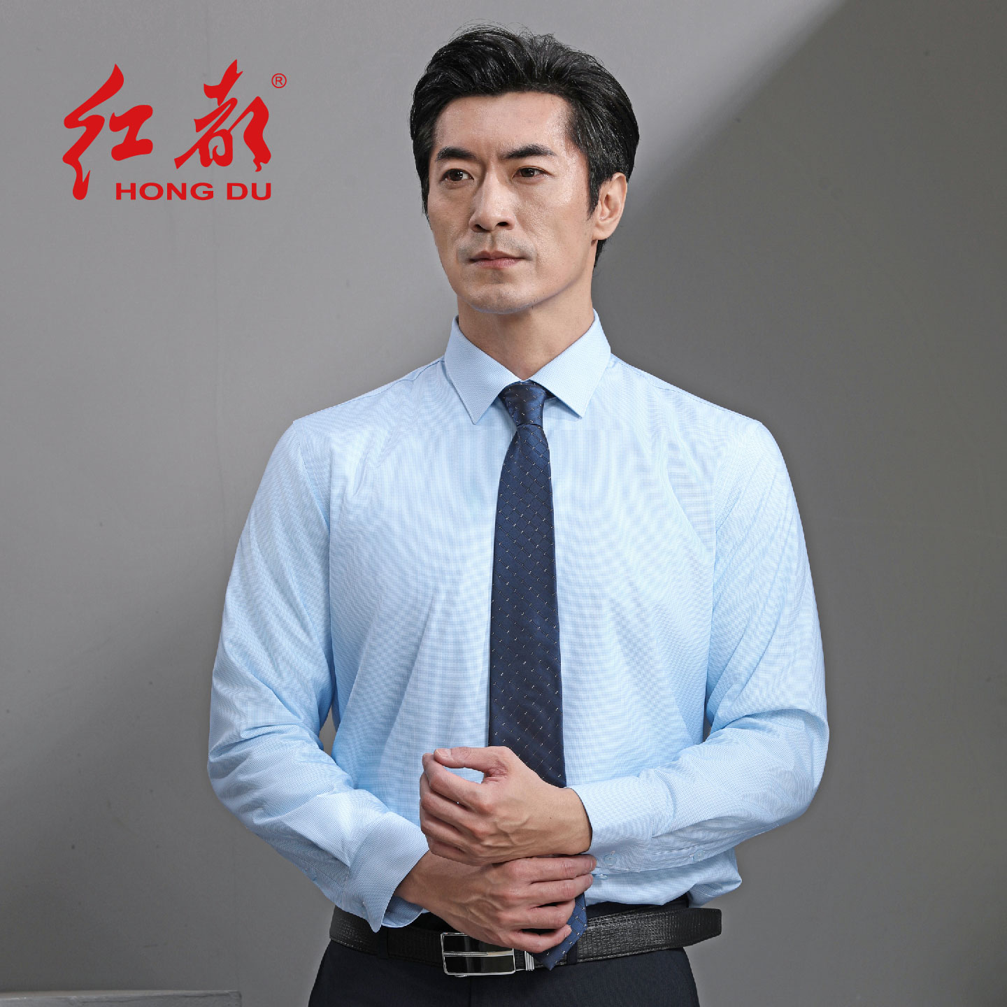 红都男士商务长袖保暖衬衫兰格羊毛填充加厚商务正装上班职业衬衣