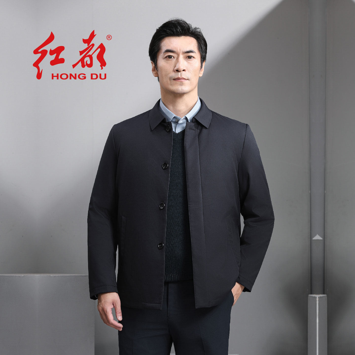 红都商务休闲翻领男装棉服中老年系扣一手长轻簿冬装上班男棉衣