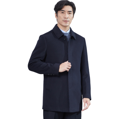 红都中年黑色翻领保暖全羊毛大衣