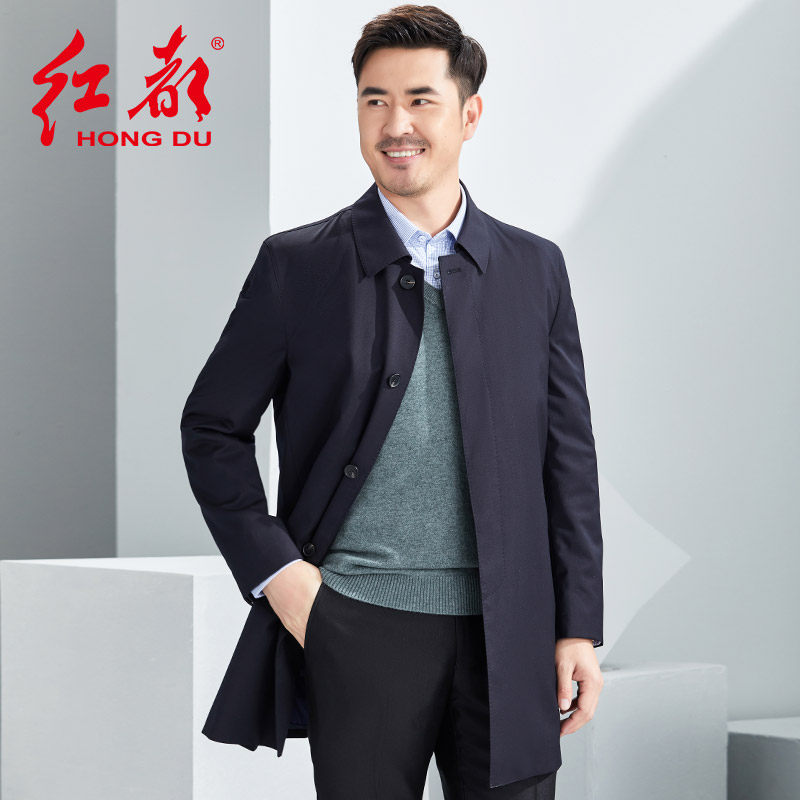 红都风衣男中长款羊毛商务正装羽绒内胆可拆厚外套