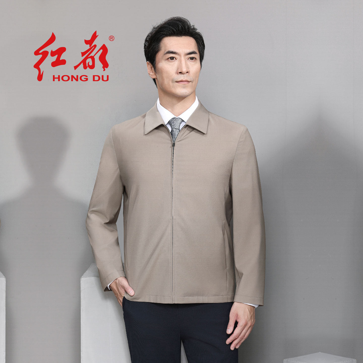 红都春夏新款男行政茄克衫可机洗微弹无里布羊毛聚酯纤维混纺外套
