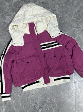 10.22乖y点 设计感撞色连帽羽绒服女冬季新款小个子拼接针织外套