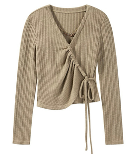 3.3羊城gs  不规则v领针织打底衫女显瘦抽绳短显瘦上衣