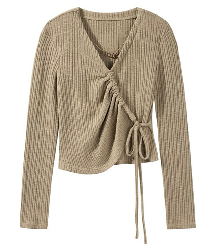 3.3羊城gs  不规则v领针织打底衫女显瘦抽绳短显瘦上衣