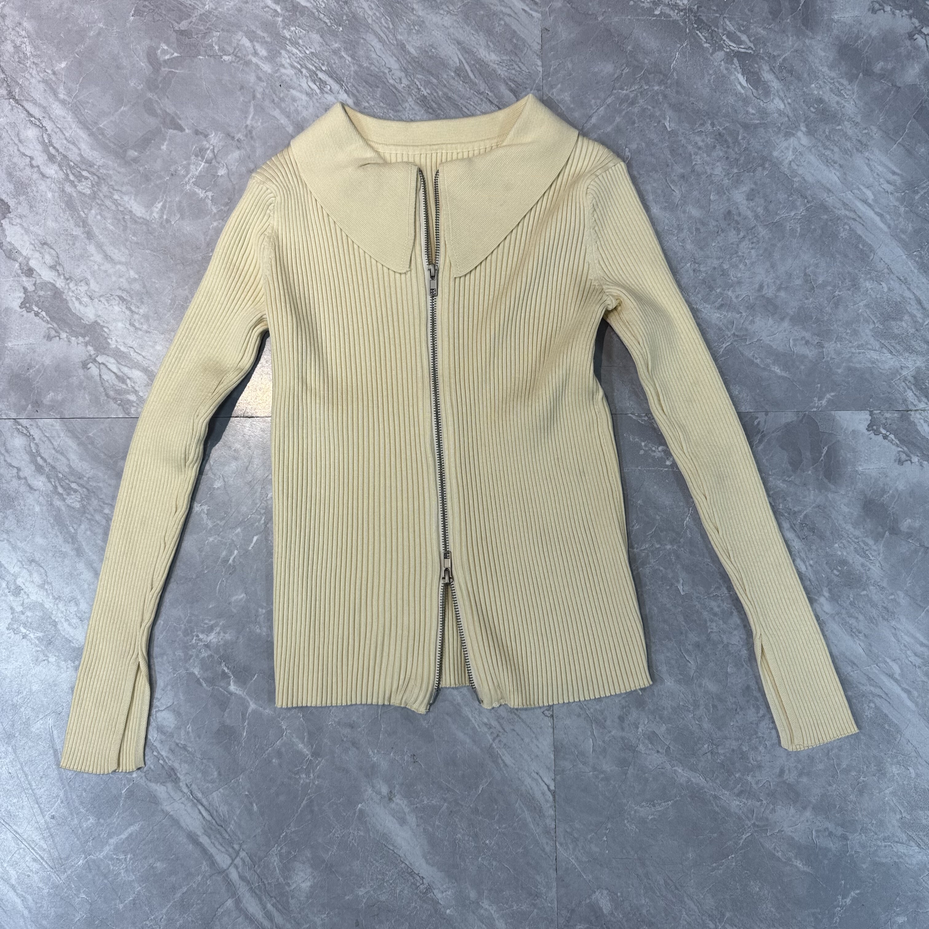 10.17拆标 纯色翻领长袖针织衫女秋设计感双头拉链修身上衣