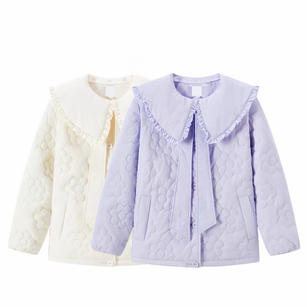 10.20森m 棉服女木耳边大翻领少女感花朵冬季上衣宽松外套甜美