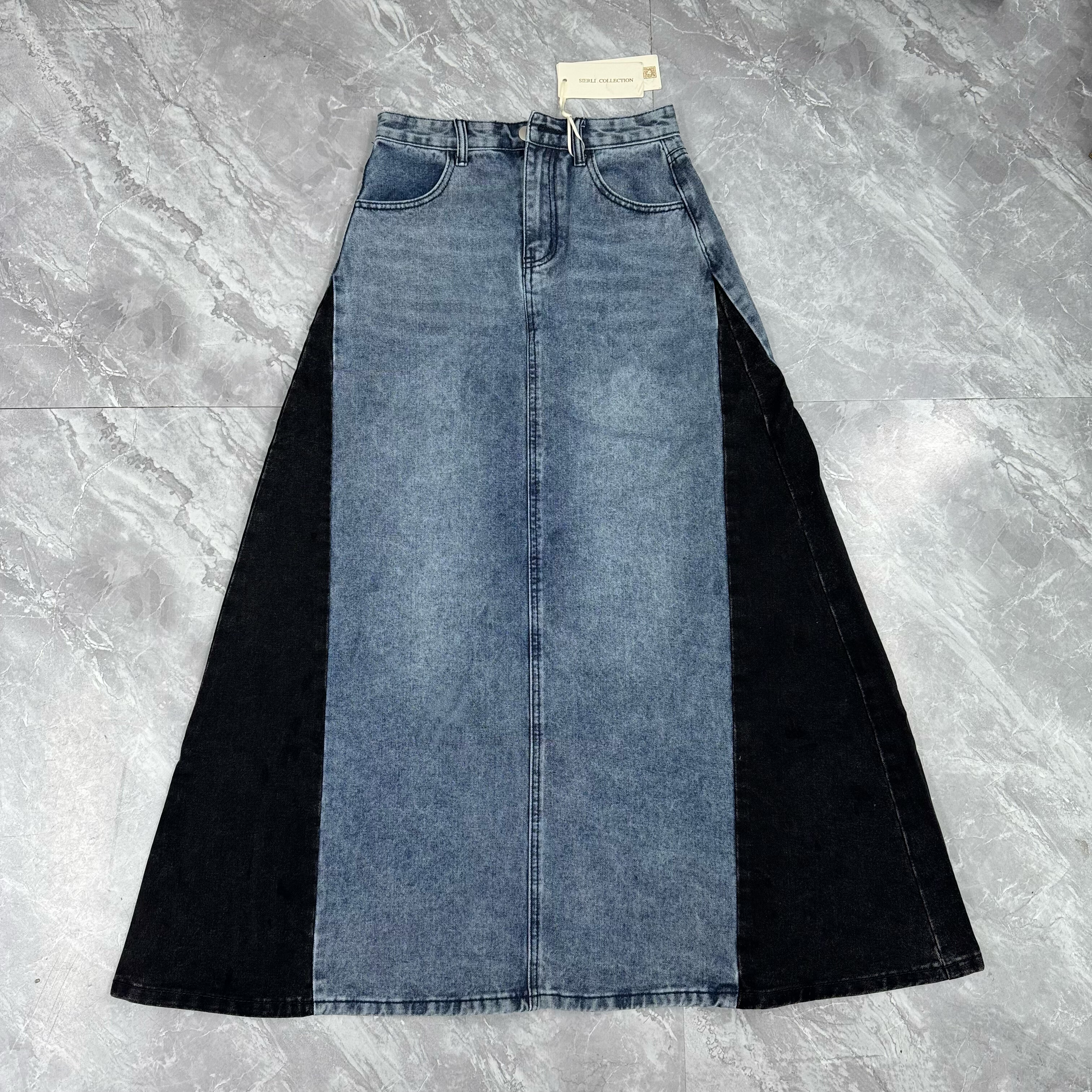 10.23斯er丽 复古显瘦撞色牛仔裙高个子遮肉高腰拼色中长款半身裙