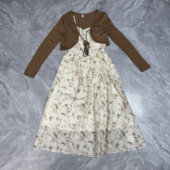 新品 长袖 法式 两件套女套装 纯欲碎花吊带连衣裙针织开衫 7.27MN