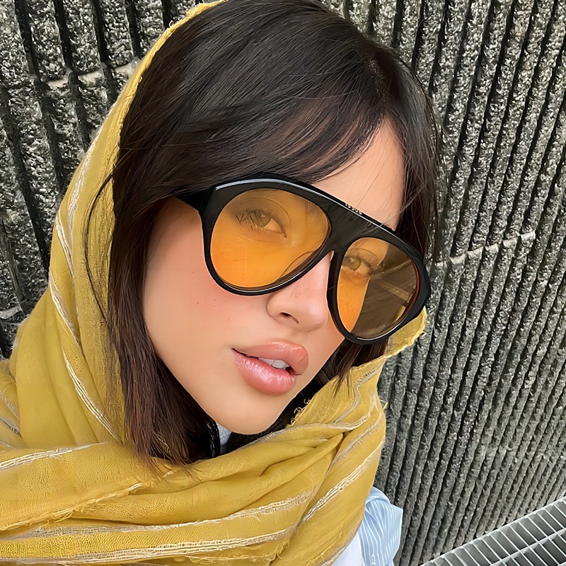 跨境复古夜视墨镜男大框驾驶蛤蟆镜茶色时尚墨镜女欧美圆框显脸小