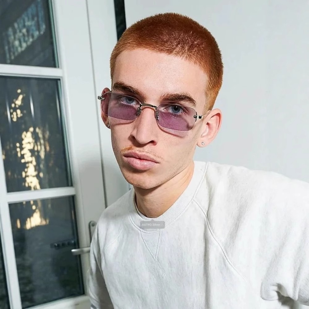 银色无框墨镜男款2025新款防紫外线复古方框紫色镜片太阳眼镜个性