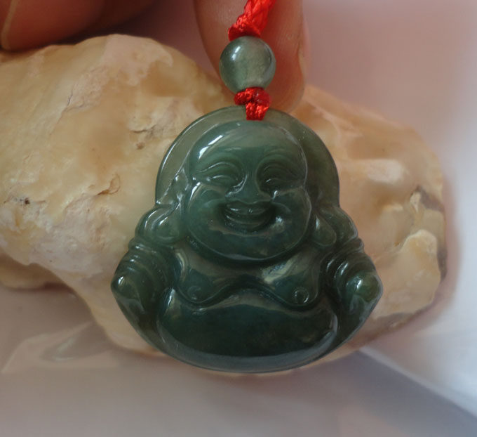 A货天然缅甸翡翠油青种玉佛祖笑佛开心佛弥勒佛菩萨项坠/吊坠保真