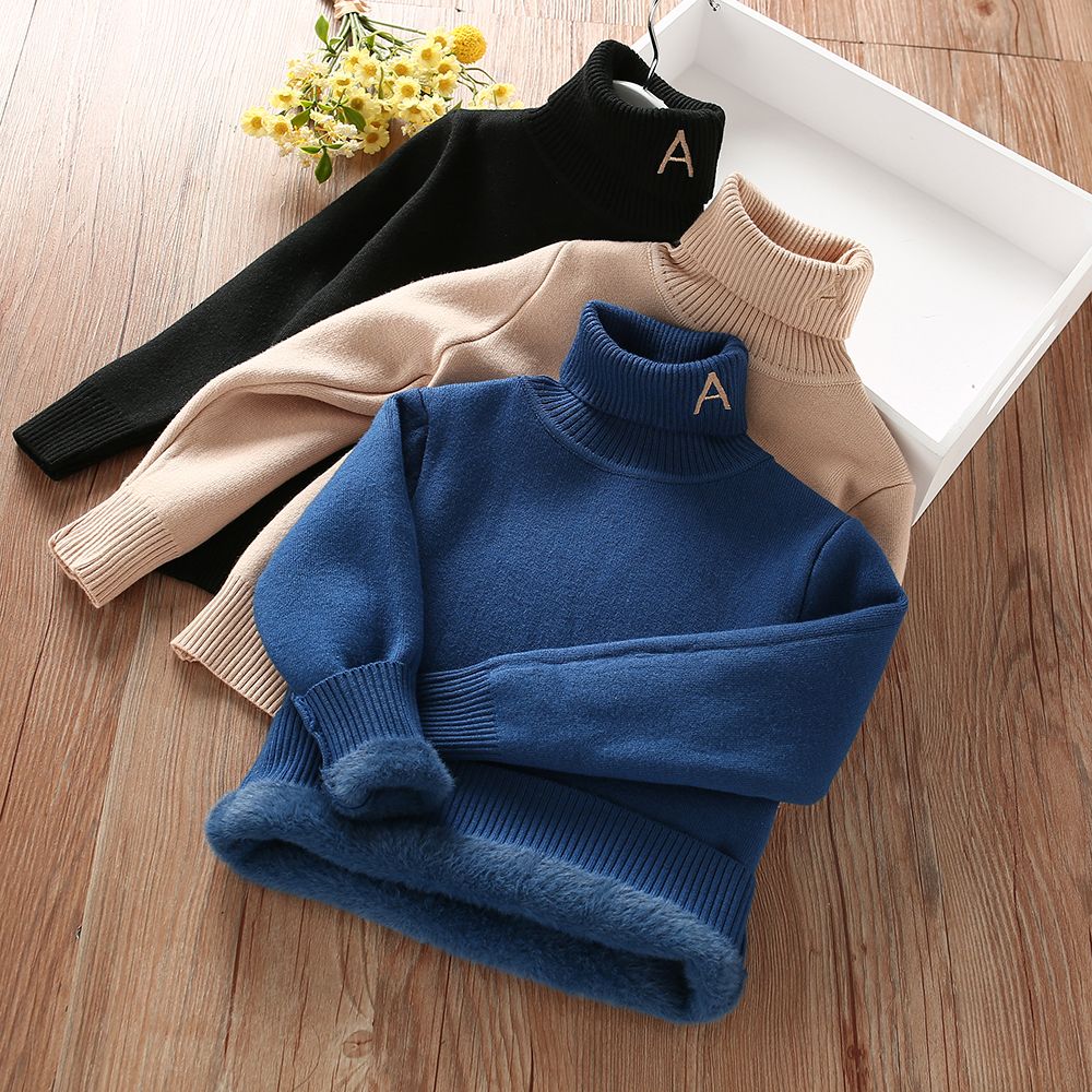 儿童高领毛衣纯色冬装加厚一体绒线衣百搭中大男童洋气打底针织衫