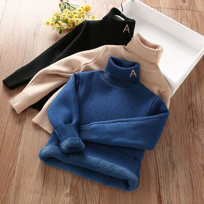 儿童高领毛衣纯色冬装加厚一体绒线衣百搭中大男童洋气打底针织衫