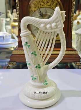 爱尔兰产Belleek全手绘三叶草立体浮雕镂空竖琴家居装饰摆件中古