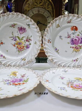 德国产Dresden波旋纹全手绘经典花束点心盘家居装饰摆件百年古董