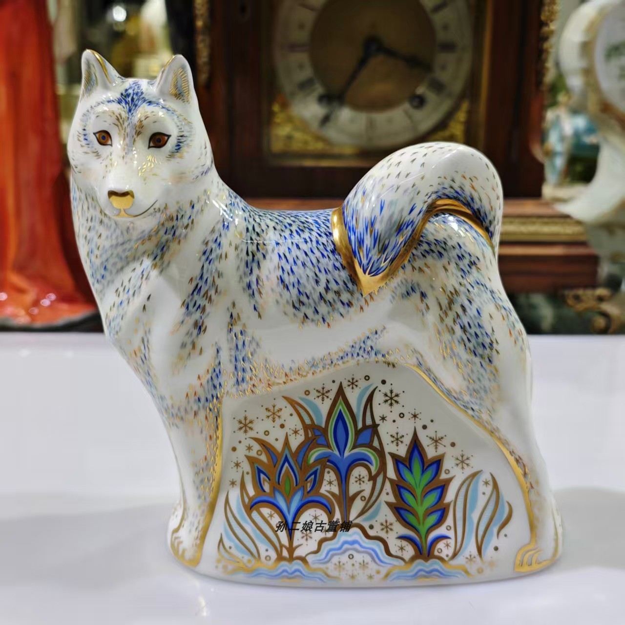 英国原产Royal Crown Derby22K镏金骨瓷全手绘哈士奇动物镇纸摆件