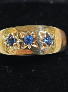 英国Vintage珠宝伦敦产9K黄金镶嵌天然蓝宝石经典款星光戒指中古