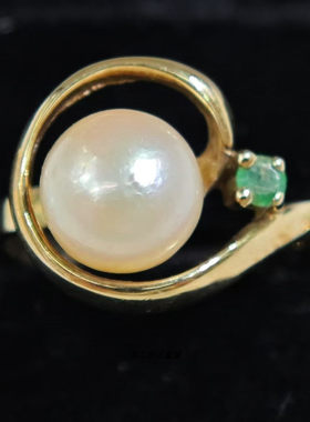 英国Vintage珠宝伯明翰产9K黄金镶嵌珍珠祖母绿设计款戒指中古