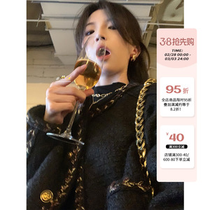 JOEYJOY酒一黑色小香风外套女春秋2023新爆款气质高级感夹棉上衣