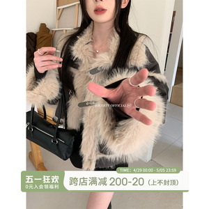 [酒一自制]皮毛一体外套女秋冬款2023新款短款棉上衣羊羔毛棉服