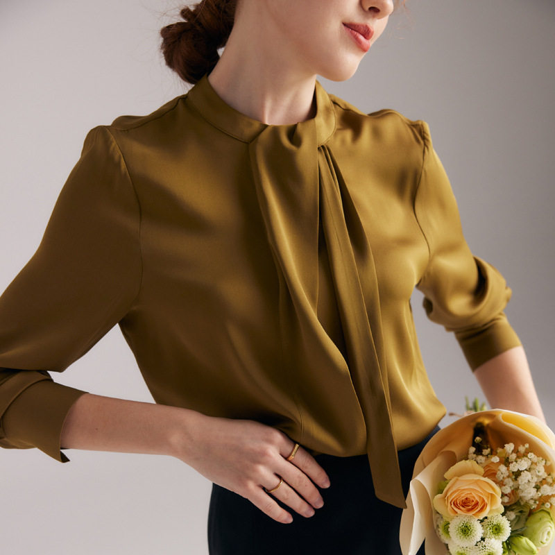 新款 真丝衬衫女2025春夏长袖围巾领通勤OL风纯色气质桑蚕丝上衣