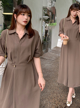 女装夏季胖mm遮胯宽松薄款衬衫领收腰显瘦正肩a字连衣裙大码3067