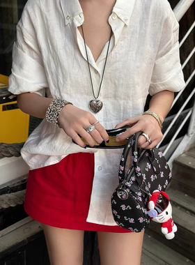 宅女松弛慵懒法式度假感100%亚麻002RELAX手工卷袖短袖衬衫女5506