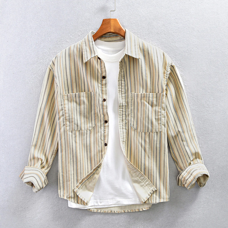 新款 Z221男士条纹长袖休闲衬衫 宽松型2026年秋季翻领