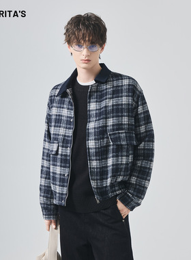 APO男装|跨境男士棉服冬季加厚保暖宽松撞色格子毛呢外套夹克上衣