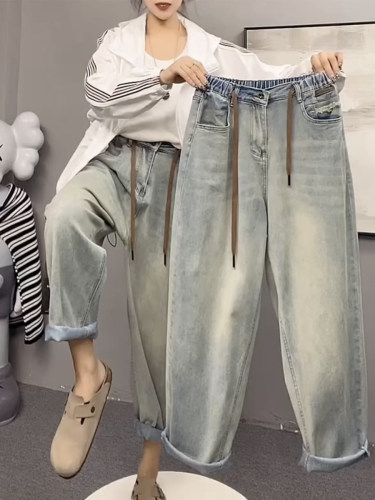复古做旧牛仔裤女2026年夏季薄款高腰宽松显瘦百搭哈伦老爹裤九分