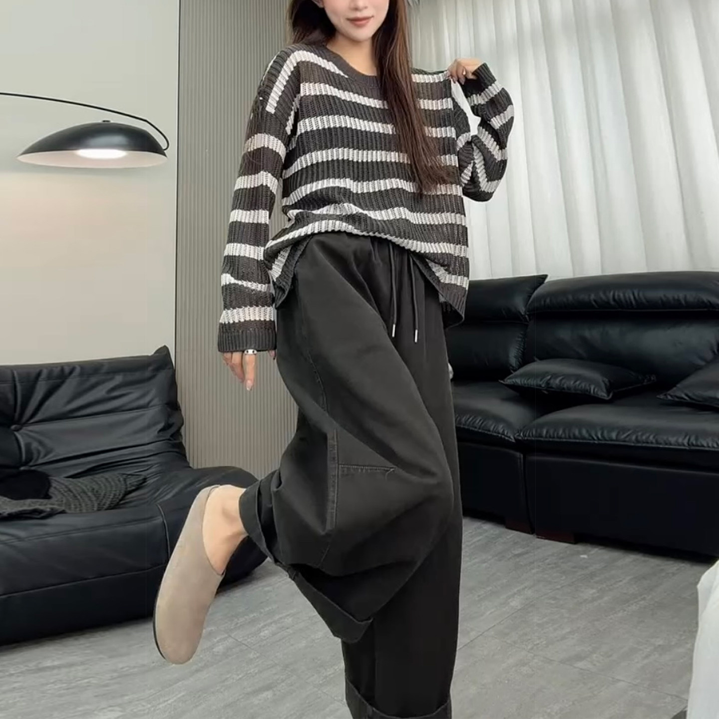 韩版秋季新款高腰显瘦九分气球牛仔裤女胖妹妹梨型身材百搭阔腿裤