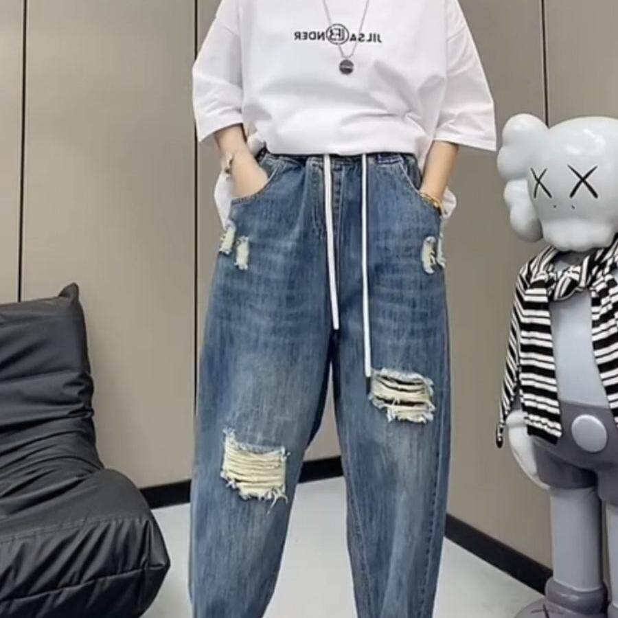 欧货2026春季新款假破洞复古牛仔裤女宽松高腰显瘦哈伦老爹裤九分