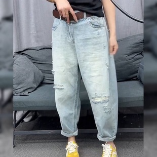 宽松显瘦老爹裤 高腰破洞哈伦牛仔裤 弯刀乞丐裤 新款 九分 女2025夏季