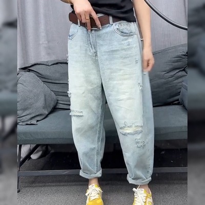 高腰破洞哈伦牛仔裤女