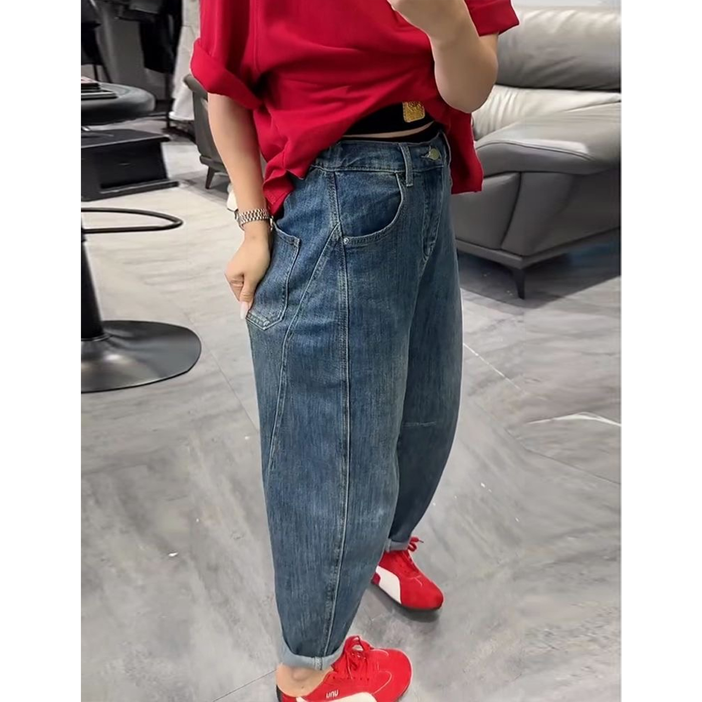 梨形弹力牛仔老爹裤女秋季