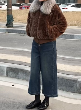 加绒复古阔腿牛仔七分裤女